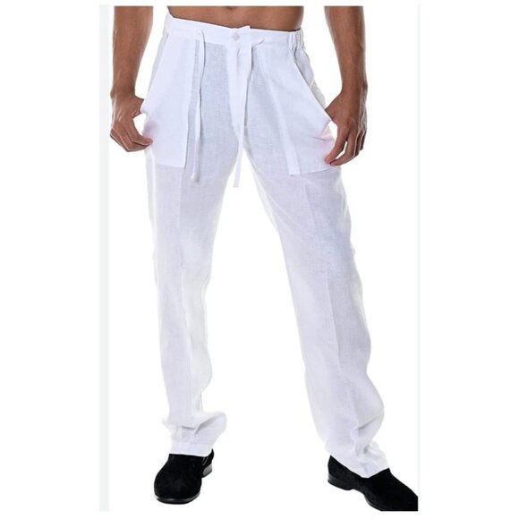Mens White Linen Drawstring Beach Pants Relax Fit By Bohio XL - Picture 13 of 16